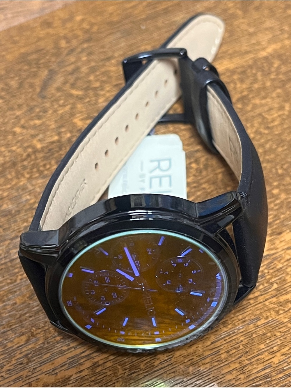 Relic Men's Black Leather Watch with Amber Dial and Blue Accents